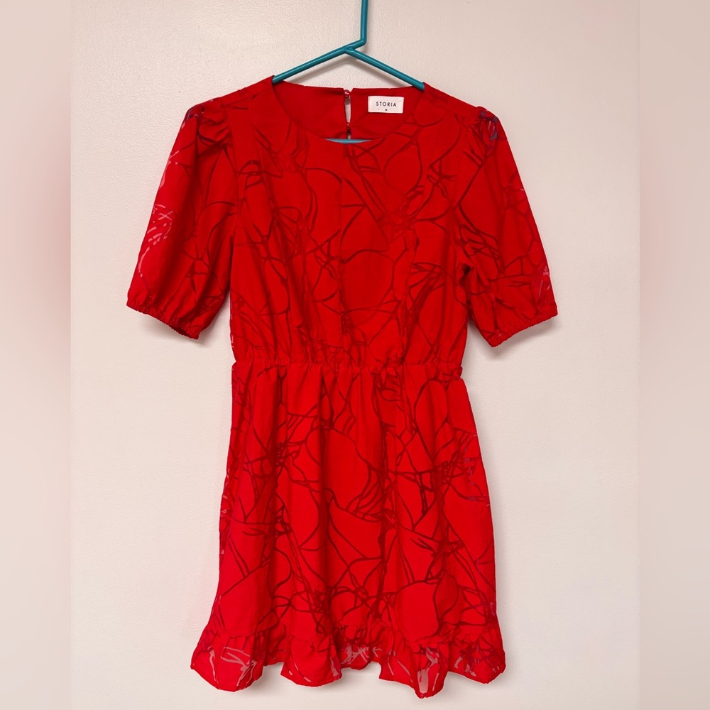 Storia Mini Dress Red Heart Open Back Cut Out Puff Sleeve Party Date Holiday M